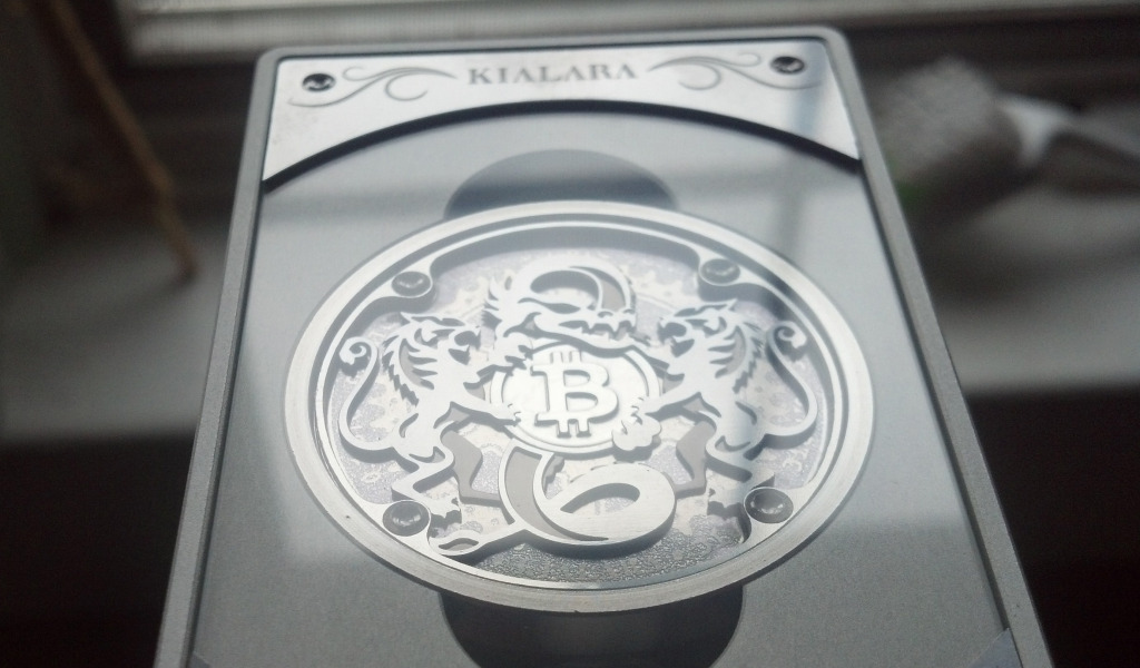 Angle view of a Kialara physical bitcoin.