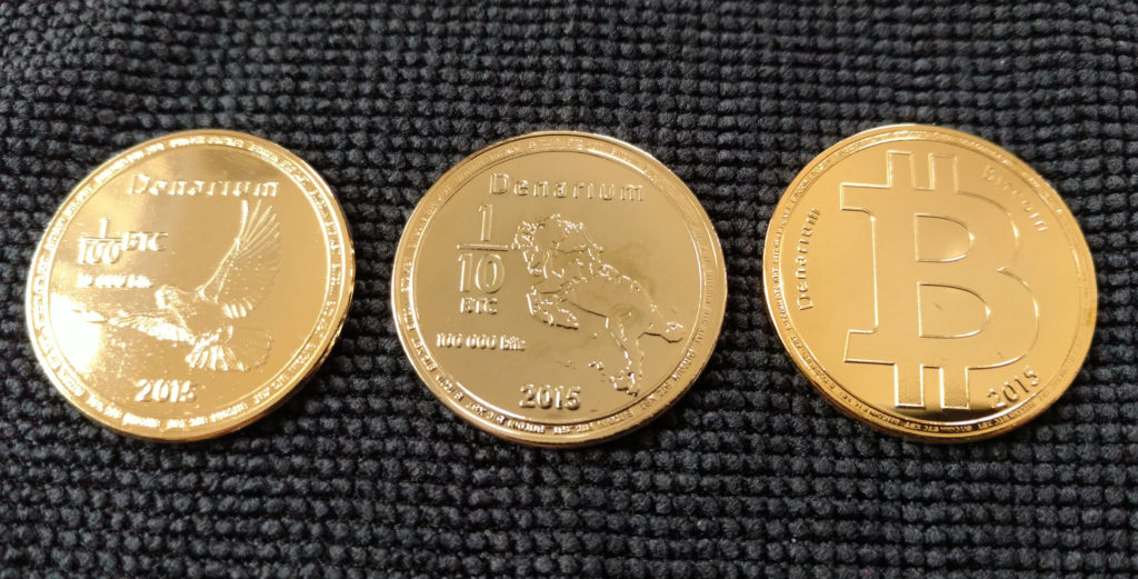 Denarium gold-plated brass physical bitcoins, obverse.